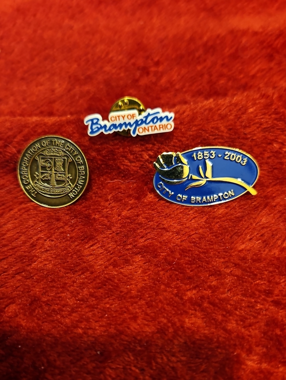 Vintage City of Brampton Lapel Pin Set - Blue, Gold, White
